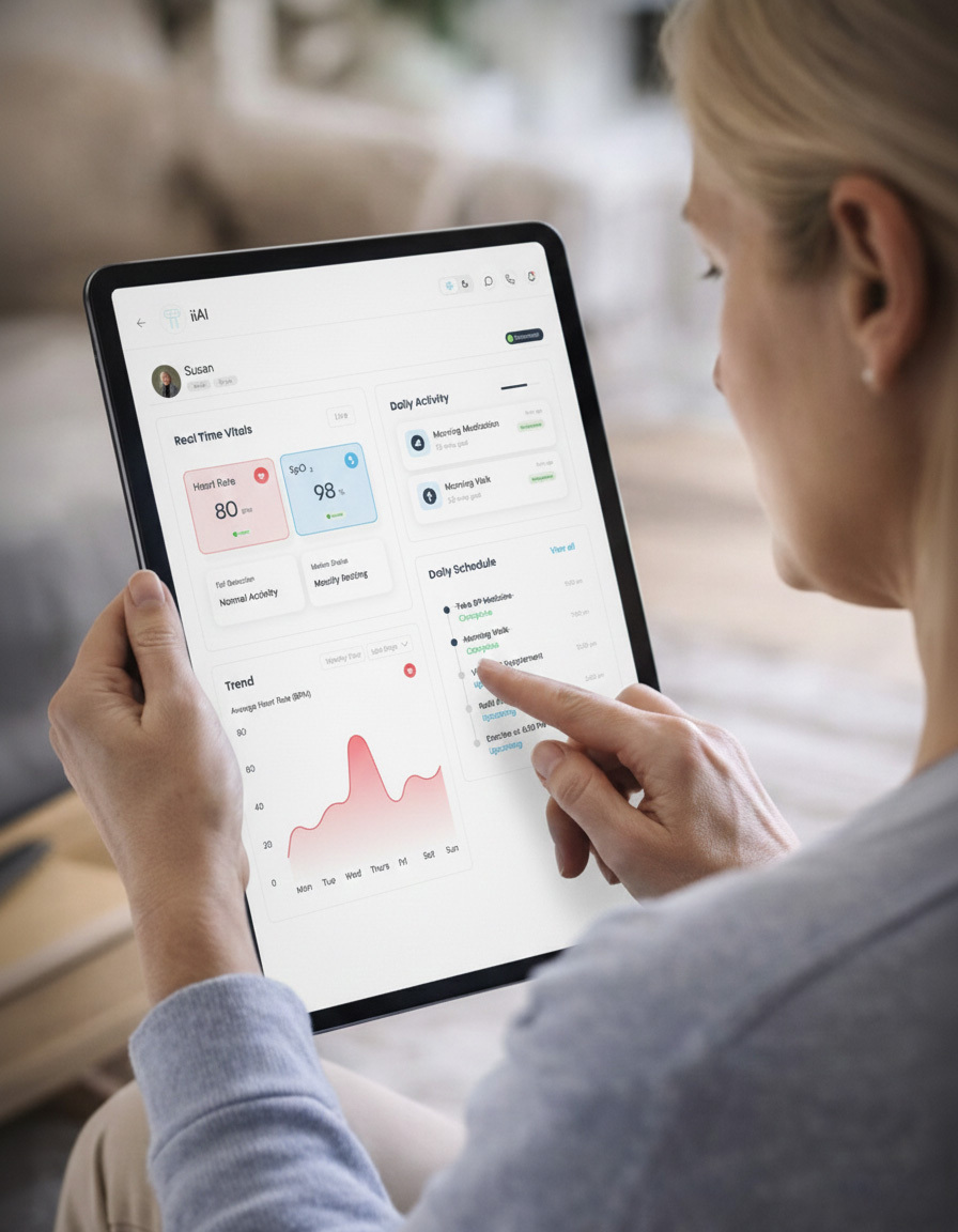 Mid-aged woman using a tablet for remote elder care through the iiAI dashboard